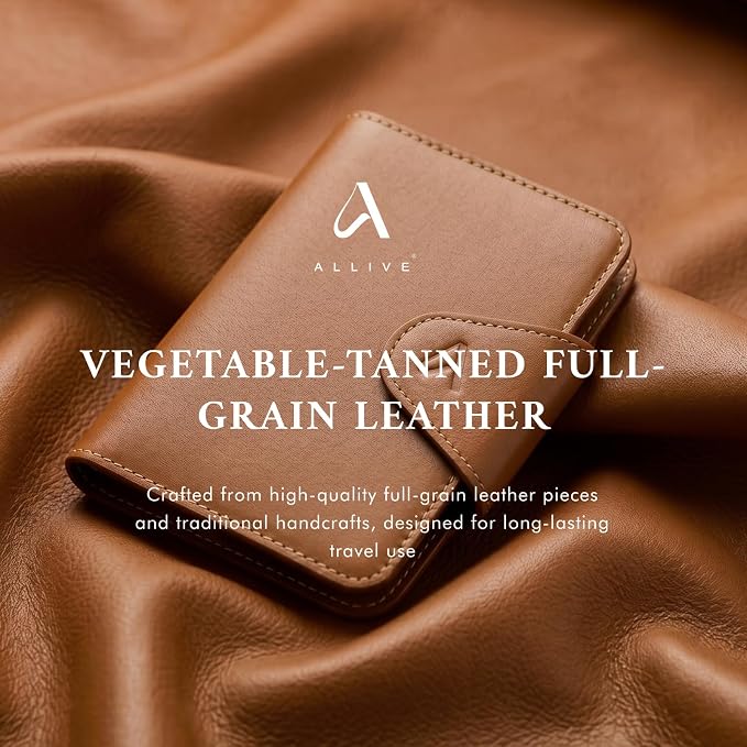 ALLIVE RFID Blocking Passport Holder for Travel Essentials, Genuine Leather Passport Wallet with Built-in AirTag Slot, Magnetic Closure Passport Cover Case for Women and Men, Travel Gifts (Caramel)