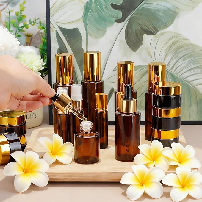 26 Pack TSA Approved Glass Travel Skincare Containers, 2/1.7/1.35/0.7/0.5/0.3oz Refillable Traveling Size Containers with Pump, Jars & Essential Oil Bottle, Leak-Proof for Creams & Liquids