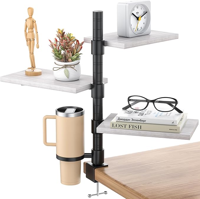 3-Tier Clamp On Desk Shelf with Cup Holder, Rotatable Height Adjustable Over or Under Desk Storage Shelves, Heavy Duty Desktop Organizer for Office Dorm Room Gaming Kitchen