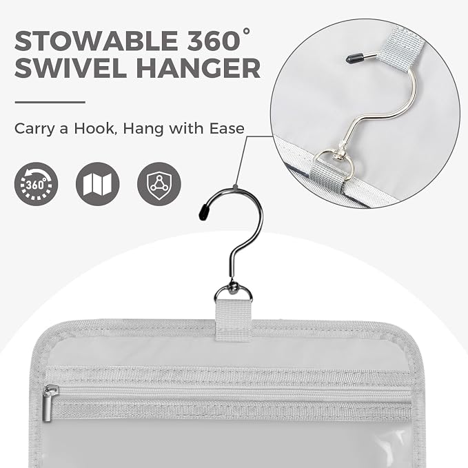 Toiletry Bag for Women, Portable Hanging Organizer, 4 Leakproof Compartments for Full-Sized Conditioners, Brush Sets, Makeup Accessories, Visible and Easy to Access, L, grey