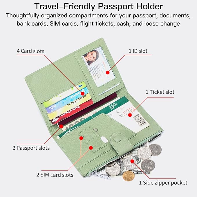 Genuine Leather RFID Blocking Passport Holder Wallet, Multi-Functional Travel Document Organizer with SIM Card Slots (Black)
