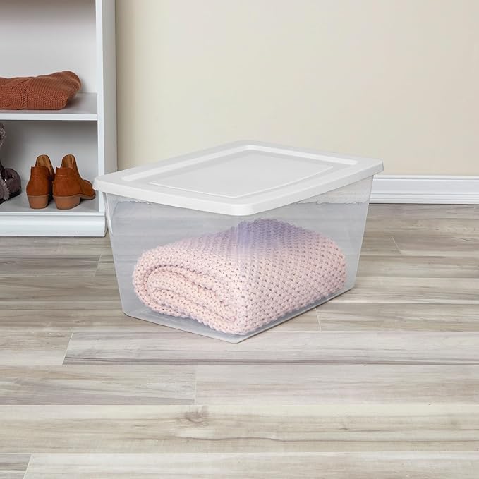 Sterilite 6 Pack Storage Boxes, Clear Plastic Stackable Containers, Lightweight Home Organizers with Snap Lids, 58 Quart, White