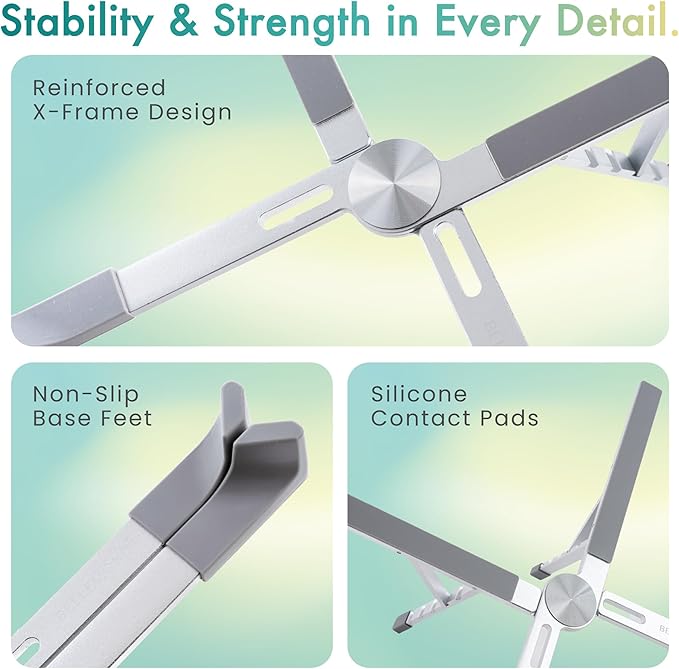 BELLEMOND Adjustable Laptop Stand | Foldable Aluminum Riser | X-Frame Ergonomic Japanese Design | Fits MacBook Pro/Air, Dell, HP, Lenovo & 10–17.3” Laptops | Portable & Lightweight | Space Silver