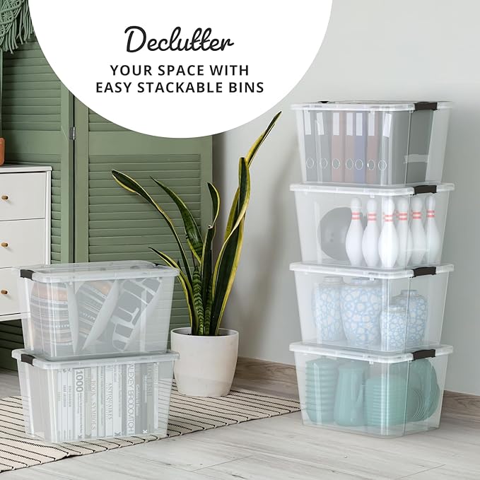Lifetime Appliance Parts 6 PACK 34 Qt. Plastic Storage Bin Tote Organizing Container with Ultra Durable Lid & Secure Latching Buckles Stackable Extra Strength Clear w/Black Handle