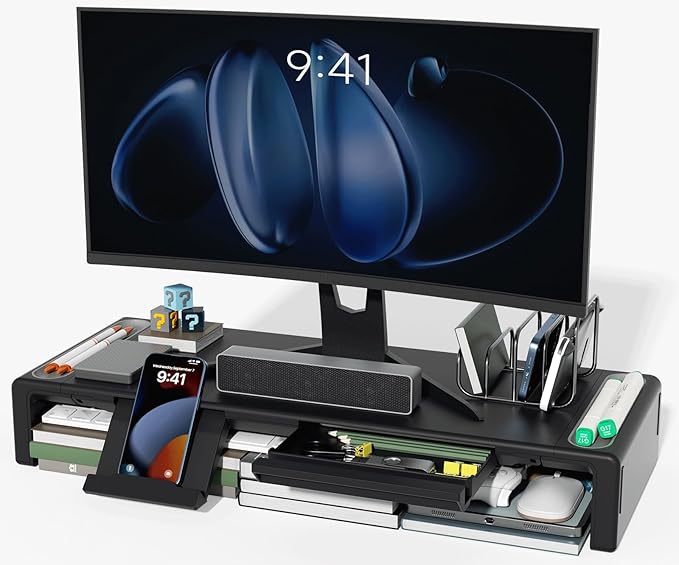OImaster Monitor Stand Riser, Foldable Computer Monitor Riser, Adjustable Length Computer Stand and Storage Drawer & Pen Slot, Phone Stand Compatible Computer, Desktop, Laptop, Save Space (Black-Basic)