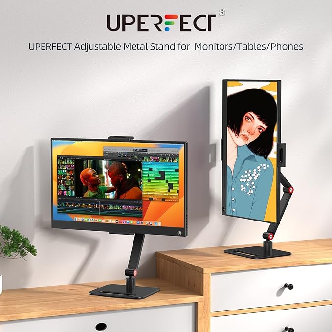 UPERFECT Adjustable Tablet Stand, 360° Swivel & 180° Tilt, Foldable Arm Holder for 4.7??.87'' Telescopic Clamp, Compatible with ??8.5'' Monitor/iPhone/iPad/Tablet, Aluminum Alloy, Black