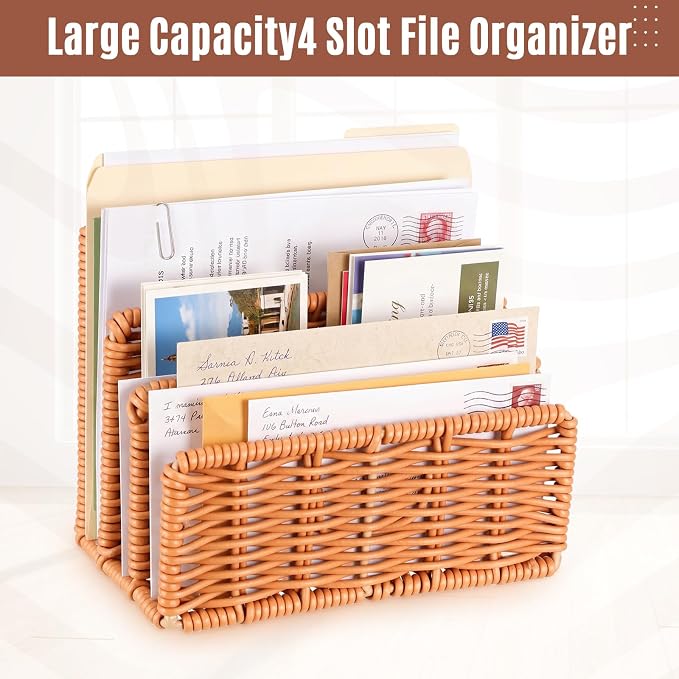 Rattan Mail Organizer for Desk Mail Holder Countertop with 3 Slot Rattan Letter Sorter File Holder Envelope Book Stand Office Desk Organizer and Storage Accessories