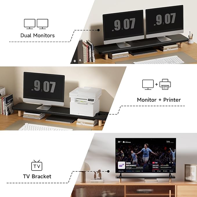 Dual Monitor Stand Riser, 39 Inch Extra Long Wooden Desktop Monitor Riser with Storage for 2 Monitors Ultra Strong Desk Shelf Organizer Riser Ergonomic for 2 Screens/Laptop/PC/TV/Printer (Black, 39inches)