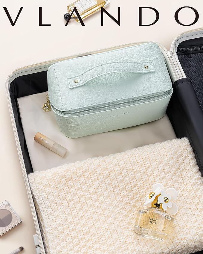 VLANDO Makeup Bag,Travel Toiletry Bag,Cosmetic Bag for Women PU Leather Portable Make up Bag for Skincare, Brushes & Travel Essentials-Mint Green