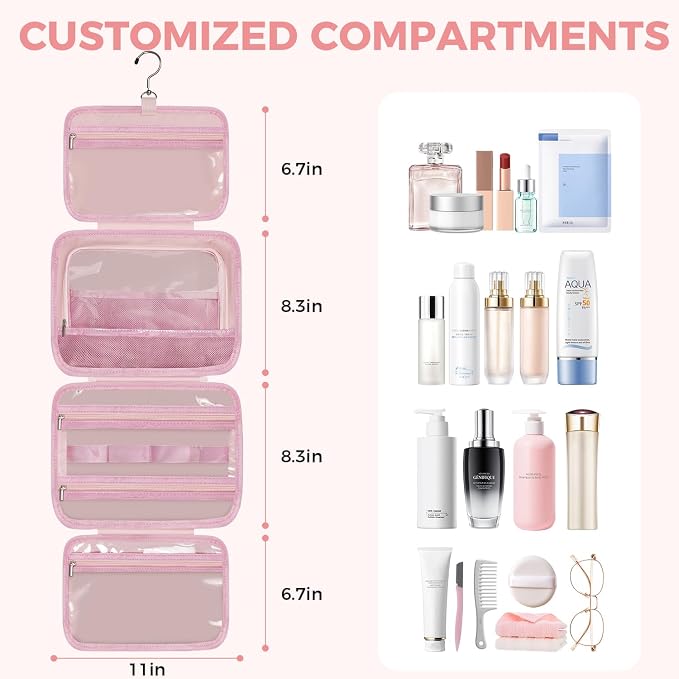 Toiletry Bag for Women, Portable Hanging Organizer, 4 Leakproof Compartments for Full-Sized Conditioners, Brush Sets, Makeup Accessories, Visible and Easy to Access, M, light pink