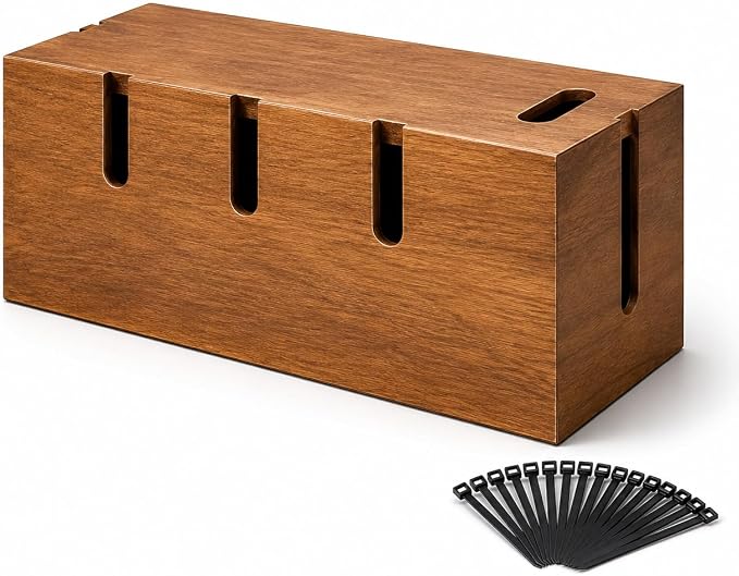Cable Management Box for Desk & TV, Wooden Cord Hider Box for Power Strips, Chargers & Cords, Decorative Cable Organizer with 20 Reusable Cable Ties, Brown