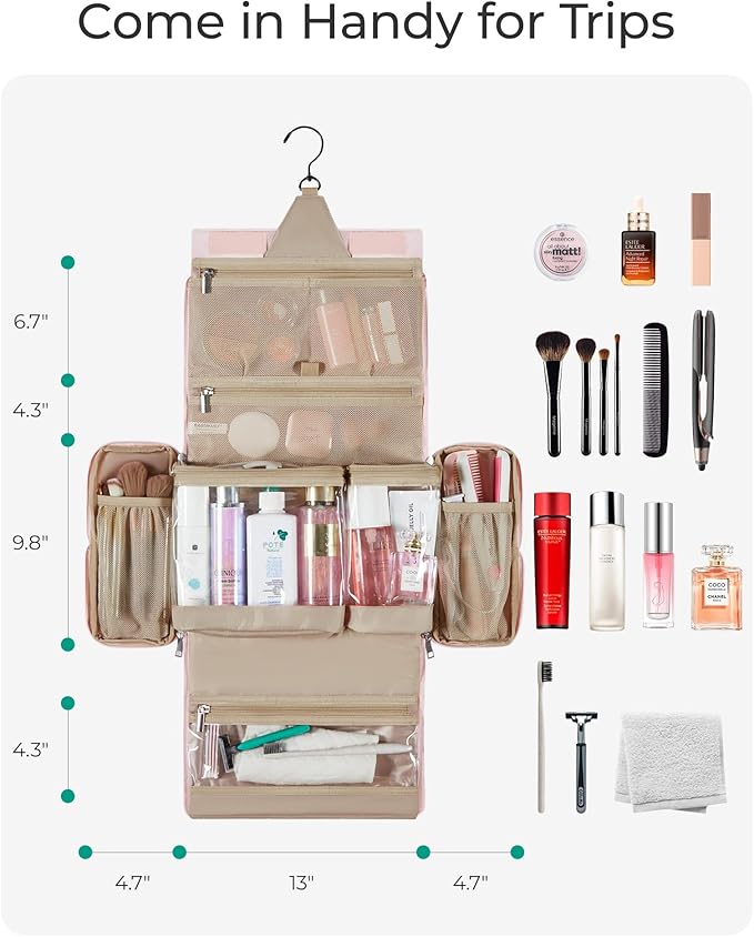BAGSMART Travel Toiletry Bag, Extra Large Full-open Hanging Toiletry Bag for Women, Puffy Cosmetic Makeup Bag Organizer with Handle for Accessories, Essentials, Toiletries (Dark Pink)