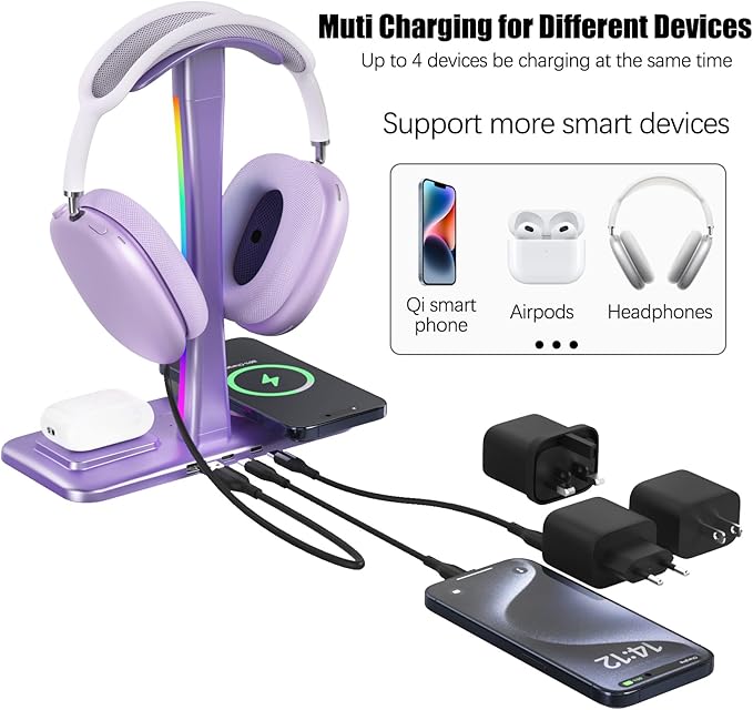 Headphone Stand with Wireless Charger,Gaming Headset stand with RGB Light,For Airpod Max Stand Compatible with Airpod Pro/3/2,For iPhone 17/16/15/14/13/12/11,Gifts for Gamers & Music Lover (Purple)