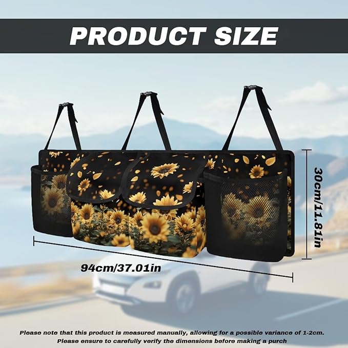 Sunflower Design Car Trunk Organizer,Collapsible Large Capacity Auto Backseat Hanging Storage Bag with Adjustable Strap & 4 Pockets Not Easy to Fade
