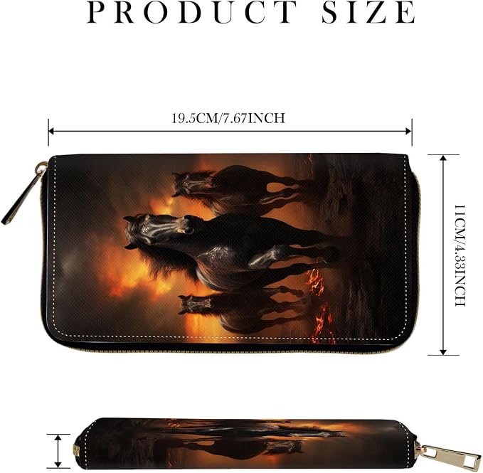RFID-Blocking Zip Around Wallets for Women with Detachable Wrist Strap,Large Capacity Phone Holder with Card Organizer & Coin Pocket,Red Flame Black Horse