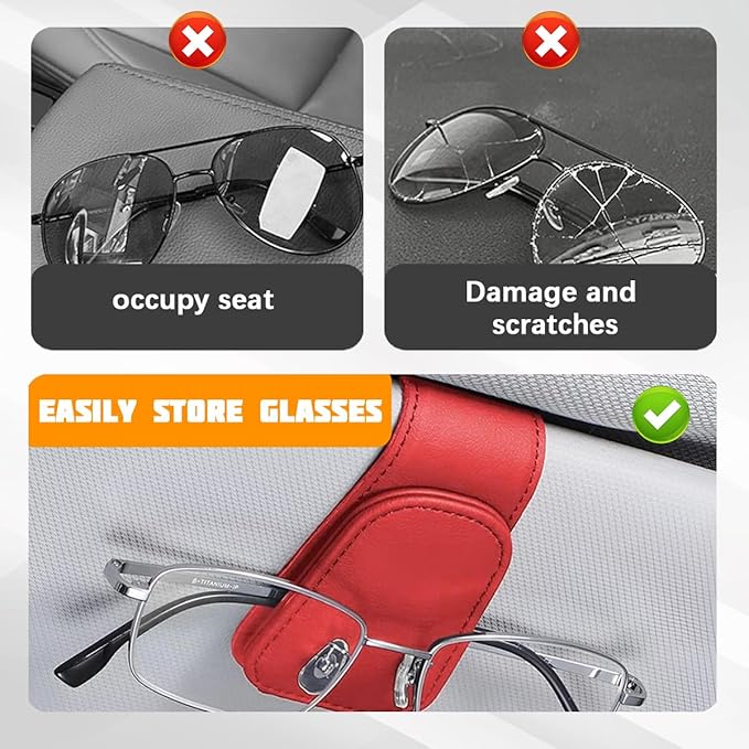 Sunglasses Holder for Car Visor, Microfiber Leather Magnetic Sun Visor Eyeglasses Hanger & Ticket Card Clip, Multi-Function Automotive Interior Glasses Mount, Universal Fit (Red)