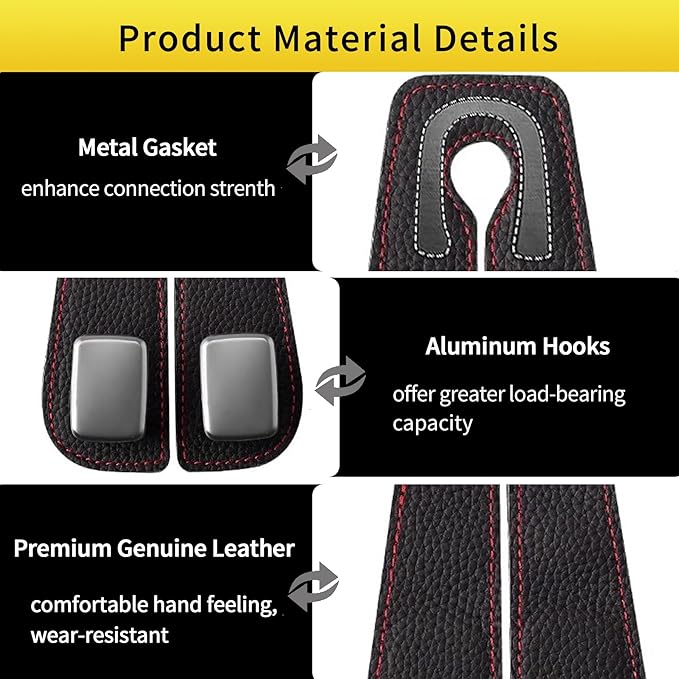 WEIHAO Car Purse Hook, Genuine Leather Car Seat Back Storage Hook, Purse Hook for Car Headrest, Twin Hook Leather Car Headrest Hangers, Bag Hook for Car, Trucks, SUVs, Most Vehicles (Black-2 PCS)