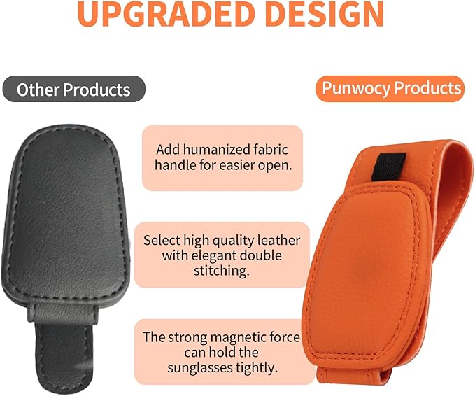 Visor Sunglasses Holder Clip for Car, Magnetic Leather Clip for Car Visor, Universal Glasses Organizer 2 Pack, Orange