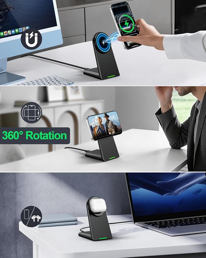 NANAMI Magnetic Wireless Charger Stand 25W Fast Charging with 30W PD Adapter for iPhone 17/16/15/14/13/12, N52 Magnetic Alignment, 360° Adjustable Phone Charger Stand, Auto-Dim LED & Safety Protection