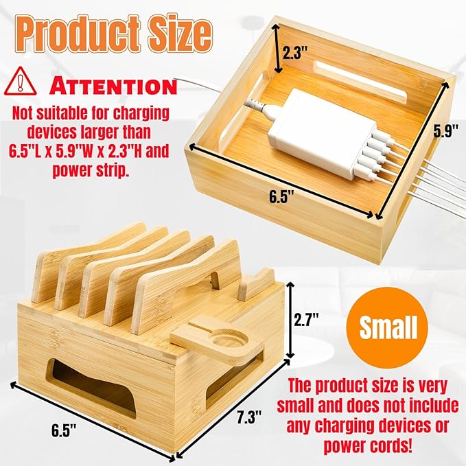 Bamboo Charging Station for Multi Devices, Small Desktop Docking Stand, Cell Phone Docking Station Charger Organizer for Tablets, Smart Watch (No USB Charger No Charging Cables)