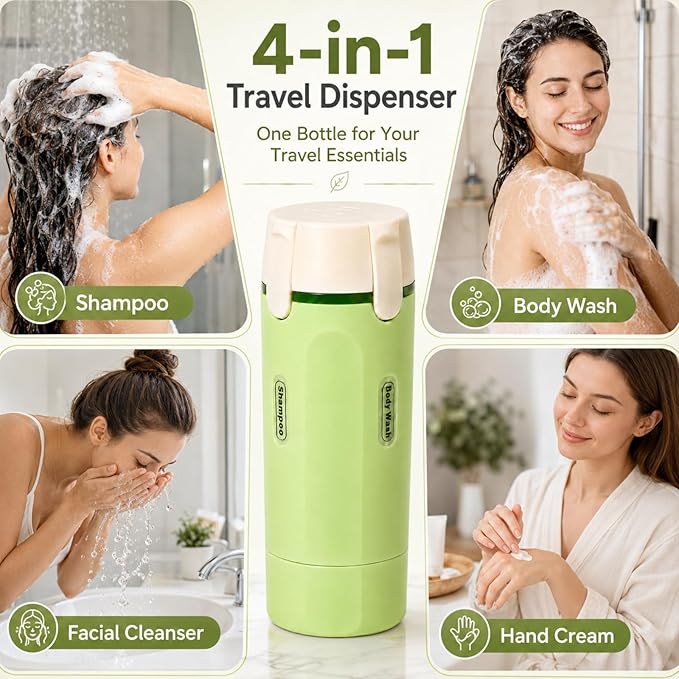 4 in 1 Travel Dispenser, Leak-Proof Travel Bottles with Storage Bag, 4 Refillable 30ml (1oz) Travel Containers for Toiletries, Portable Green Set for Shampoo, Body Wash, Lotion