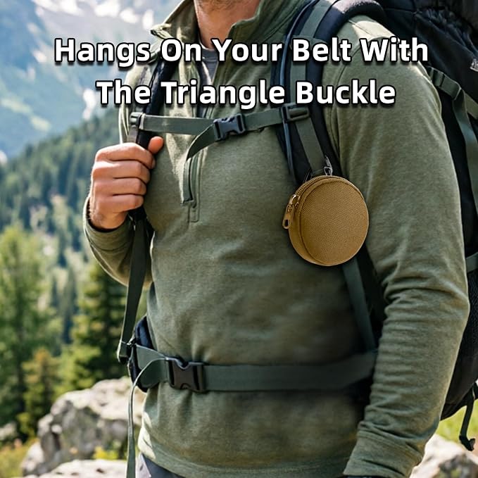 Coin Pouch for Men 2PCS Khaki, 1000D Nylon Small Zipper Change Purse with Triangle Buckle, Mini Portable Compact Pocket Coin Holder for Loose Change