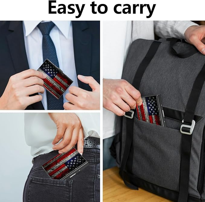Credit Card Holder, American USA Flag Design Mini RFID Blocking Aluminum Wallet Slim Metal Hard Case Shell Travel Wallet ID Case Small Credit Cards Case Business Cards for Women Men Girls