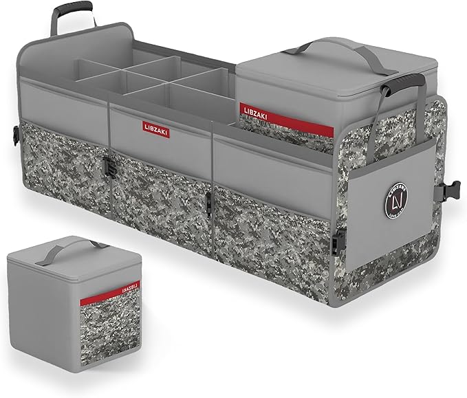 LIBZAKI Car Trunk Organizer,3 Compartments Big Trunk Storage, Large Capacity, Foldable, 95L Heavy Duty Storage Box for Car, SUV, Truck,Jeep, Includes 26L Cooler Bag -Gray Camouflage