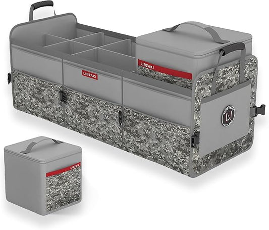 LIBZAKI Car Trunk Organizer,3 Compartments Big Trunk Storage, Large Capacity, Foldable, 95L Heavy Duty Storage Box for Car, SUV, Truck,Jeep, Includes 26L Cooler Bag -Gray Camouflage