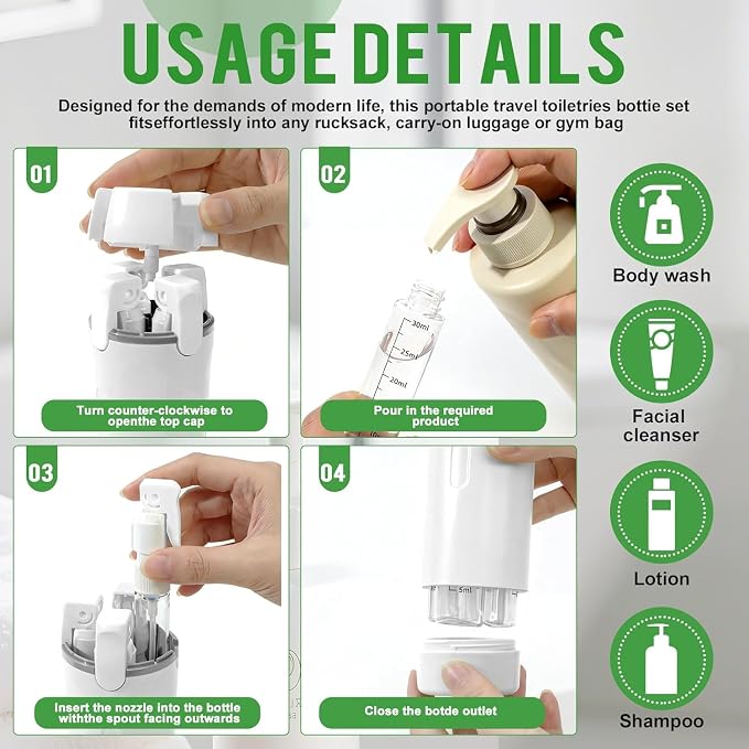 4 in 1 Travel Dispenser,4 Pack 30ML Travel Bottles for Toiletries,Refillable, Leak Proof and Portable,Suitable for Storing Shampoo, Shower Gel, Laundry Detergent, Suitable for Travel, Camping (White)