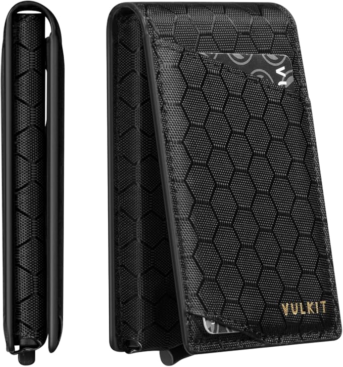 VULKIT Pop Up Wallet for Men, Credit Card Holder Minimalist Slim Bifold Wallets RFID Blocking with Gift Box Black Grid