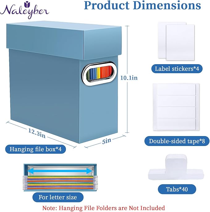 File Organizer Box with Lid & Handle, Heavy Duty Hanging File Folder Storage Boxes for Letter Size, Portable Filing Organizer for Office, Home, Classroom, Dusty Blue 4 Pack
