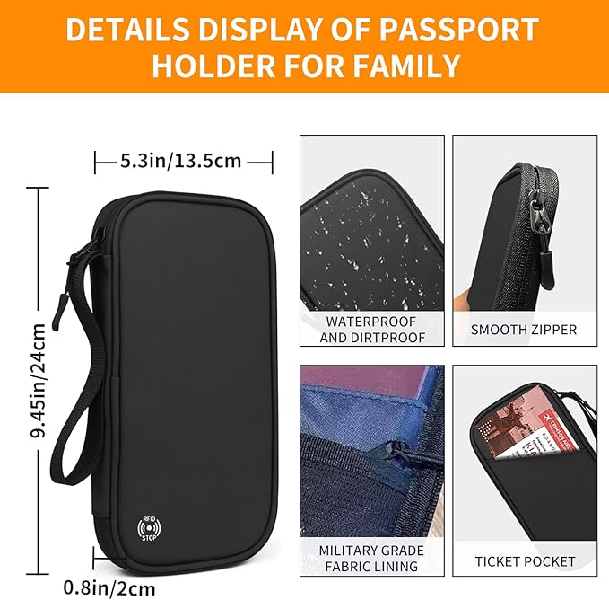 Family Passport Holder for 4,5, Large Rfid Blocking Passport Holder Wallet, Travel Document Organizer Waterproof with 9 Credit Cards Slots for Men & Women (Large, Black)