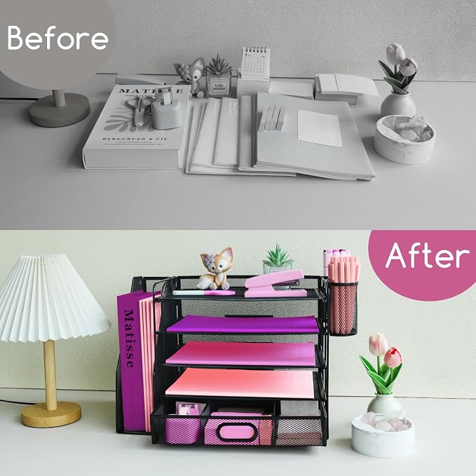 Desk Organizers and Accessories with File Holder, 5-Tier Paper Letter Tray Organiser with Drawer and 2 Pen Holder, Mesh Desktop Document Organizer for Office Supplies, Workspace - Black