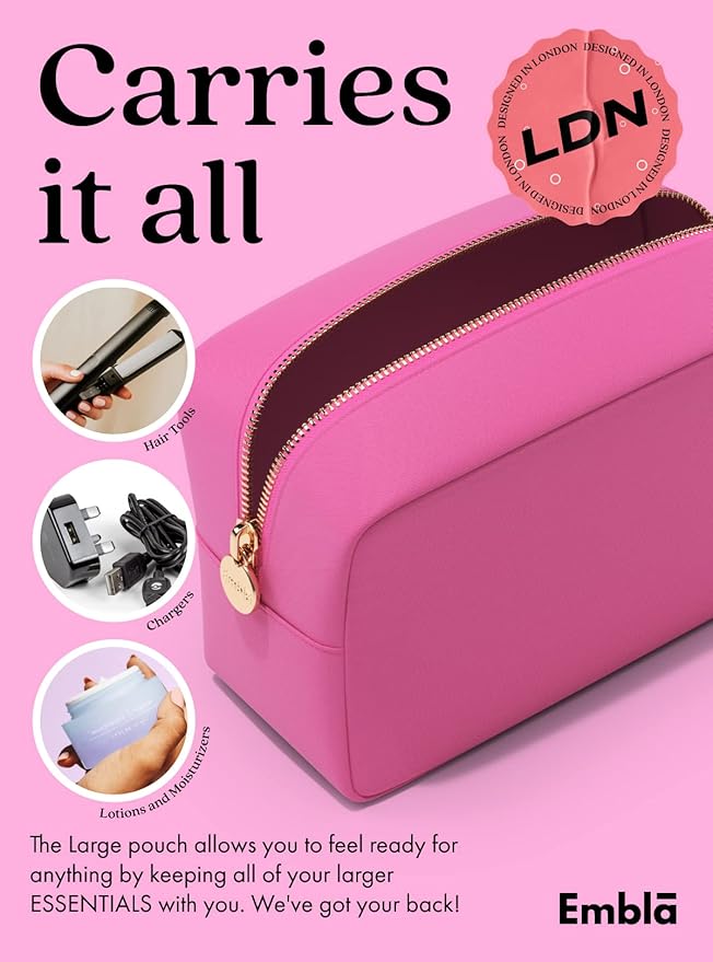 Embla Large Makeup Bag and Waterproof Nylon Travel Toiletry Bag, Large Capacity Cosmetic Zipper Pouch, Hot Pink