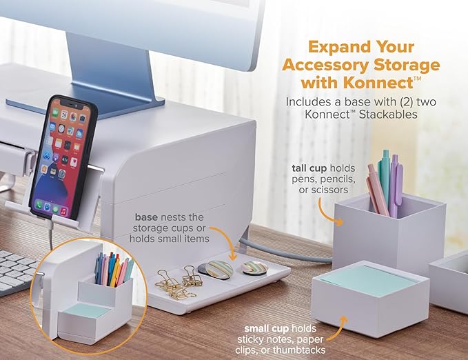 Bostitch Konnect Adjustable Monitor Riser with Drawer, Cell Phone Stand & Pencil Holder, Laptop Stand for Desk, 4 Height Levels, Cable Management & Rubber Feet
