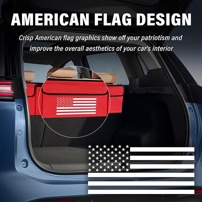 Turcee Car Trunk Organizer,Large Capacity Car Storage Organizer with US Flag Design,Hanging Foldable Car Organizers and Storage Car Interior Accessories (Red)