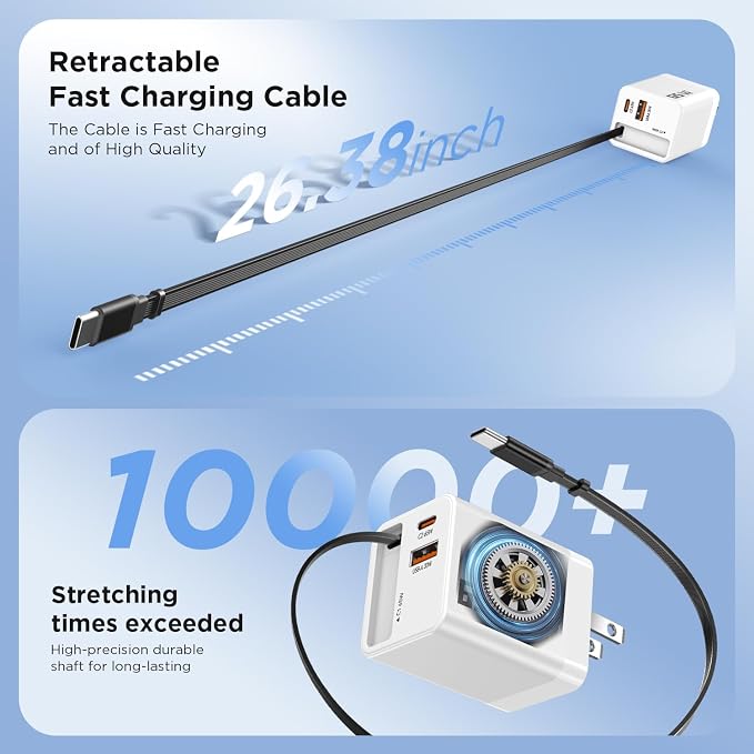 65W GaN USB C Charger Block with 2.3FT Retractable Cable, 3-Port Fast Wall Plug (2 USB-C & 1 USB-A) for iPhone 17 16 15, Samsung Galaxy S25, MacBook Pro/Air, Travel (White)