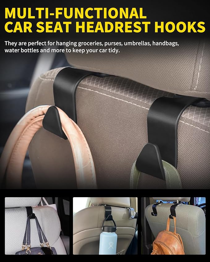 8 Pack Car Seat Headrest Hooks with 44 Pounds Load Capacity, Hangers Storage Organizer Universal Car Interior Accessories for Handbags Water Bottles Purse Coats Umbrellas, Black