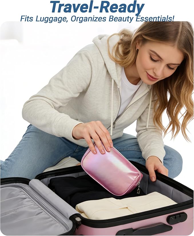 Small Makeup Bag，Travel Cosmetic Bag Organizer，Toiletry Bag with Zipper，Accessories Storage Bag for Women-Holographic pink