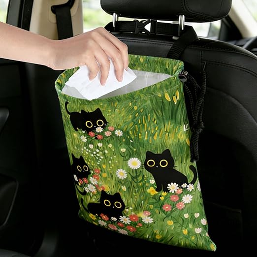 Cute Black Cat Car Trash Bag - Waterproof Car Trash Bag Hanging Leakproof Car Garbage Bag - Washable Reusable Trash Bag for Car Interior Hanging Organizer Storage Vehicle Travelling Camping