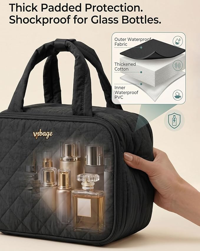 Lightweight Structured Travel Toiletry Bag for Women - Wide-Open Puffer Mini Duffel with Removable Divider, Waterproof Lining, Water-Resistant Exterior, Fits Full-Size Bottles & Shower Essentials