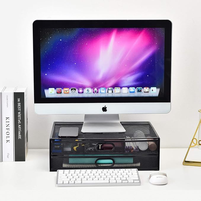 Monitor Stand Riser with Drawer - Metal Mesh Desk Organizer with Dual Pull Out Storage Drawer, Printer Holder with Pull Out Storage Drawe