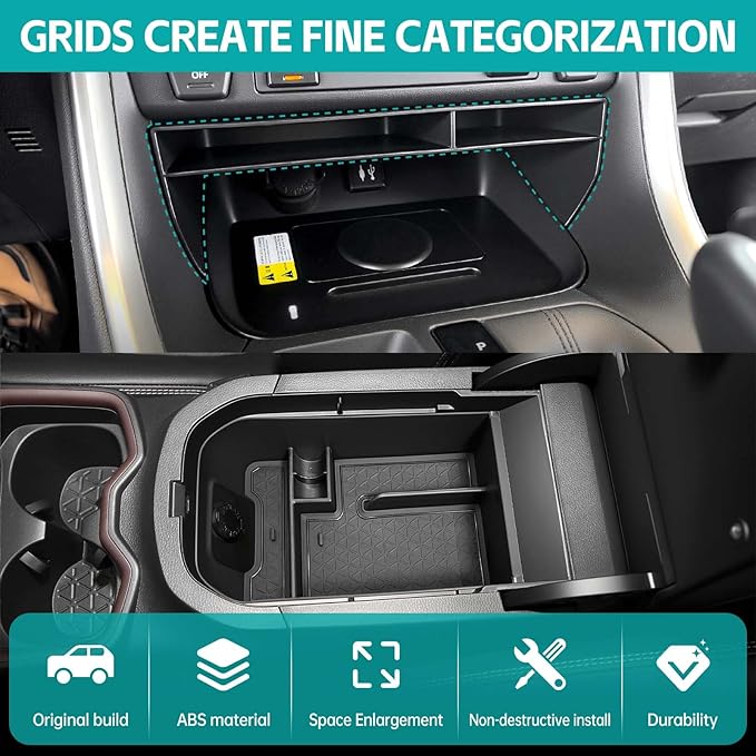 2PCS Center Console Organizer Tray Compatible with 2019-2025 Toyota RAV4 & Prime Accessories, ABS Material Insert Gear Shift Divider Slot & Armrest Storage Box for RAV-4 Interior Accessories