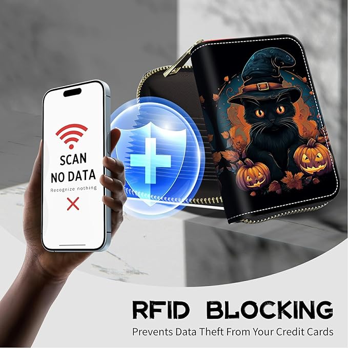 Cute Credit Card Holder with Zipper, Black Cat Halloween RFID-Blocking Card Case Small Wallet for Women Men, Multi-slot Card Organizer Case Travel Accordion Wallet