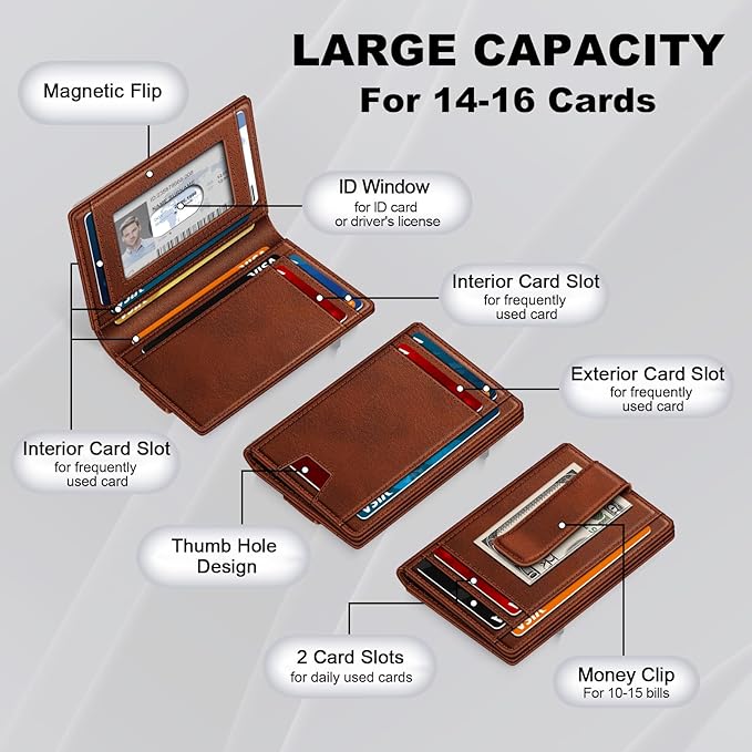 Wallet for Men 14-16 Cards, Minimalist Men Leather Wallet, Men's Front Pocket Bifold Wallets with Money Clip, Slim Thin Card Holder RFID Blocking Bill Folder Magnetic Closure Men Gifts, Reddish Brown