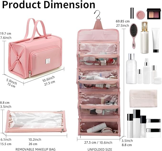 ROYALFAIR Roll Up Makeup Bag, Waterproof Toiletry Bag for Women, Hanging Travel Organizer bags with Jewelry Organizer Compartment, Extra Large 4 Clear TSA Approved Pouches Cosmetic Makeup (light red)