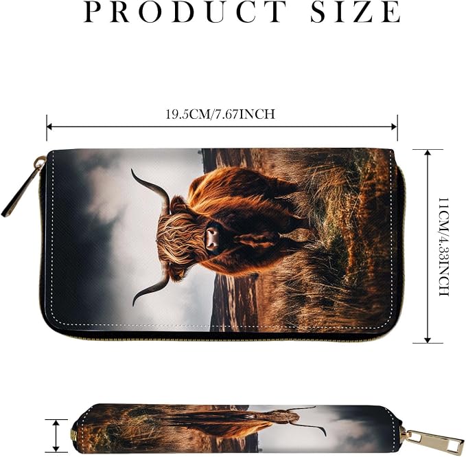 RFID-Blocking Zip Around Wallets for Women with Detachable Wrist Strap,Large Capacity Phone Holder with Card Organizer & Coin Pocket,Brown Highland Cow
