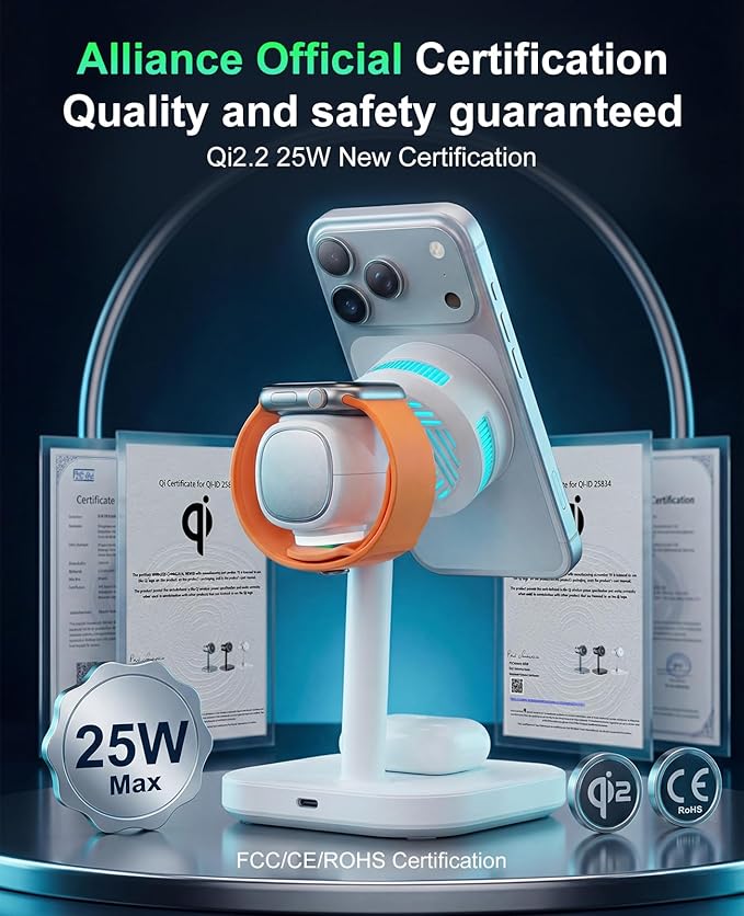 Qi2.2 25W Magnetic 4-in-1 Wireless Charging Station, TEC Active Cooling MagSafe Charger Stand with Night Light, 45W Adapter Included, for iPhone 17-12, iWatch, AirPods, Samsung Gifts for Fathers Day