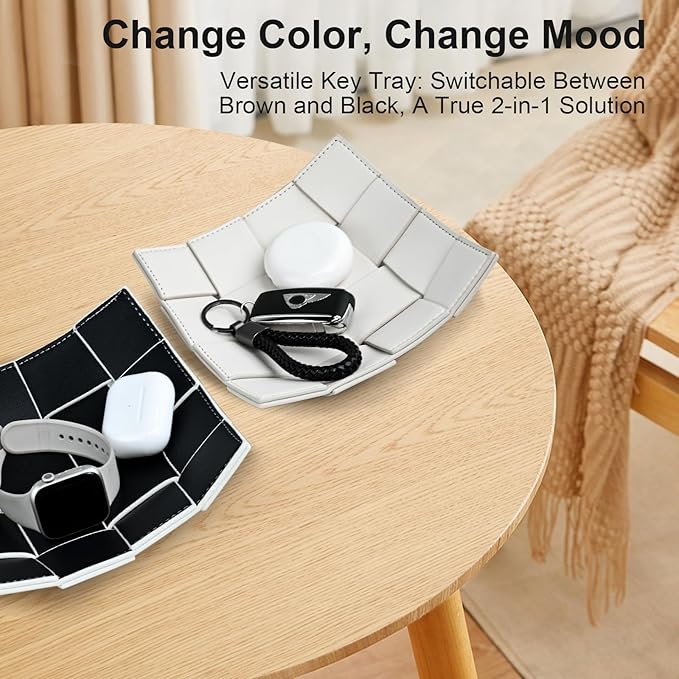 PU Leather Valet Tray for Men Women Key Holder Bowl for Entryway Table Bedside Nightstand Desk Tray for Wallet, Keys Men's Gift - Small, 7.1" D x 7.1" W x 2" H
